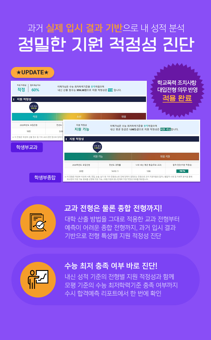 과거 실제 입시 결과 기반으로 내 성적 분석 정밀한 지원 적정성 진단