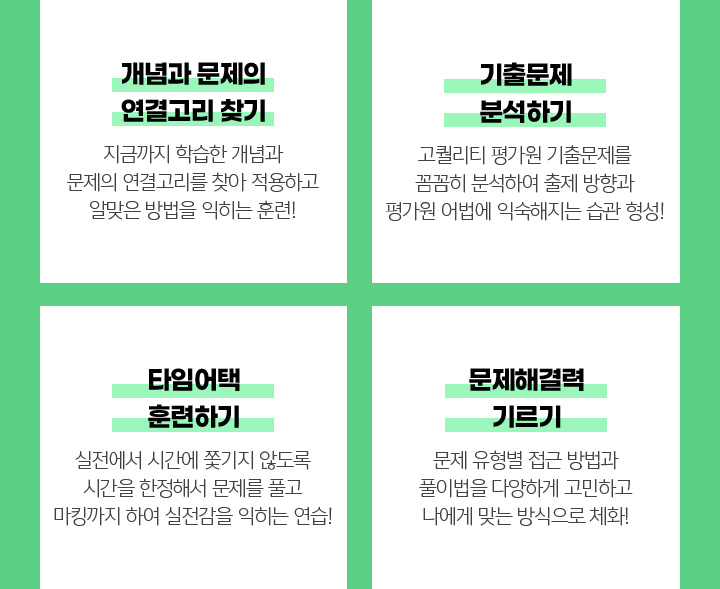 개념과 문제의 연결고리 찾기 / 기출문제 분석하기 / 타임어택 훈련하기 / 문제해결력 기르기