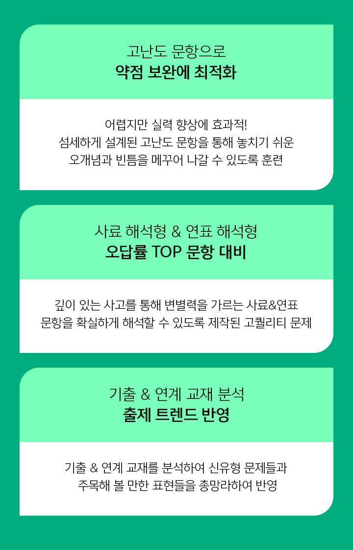 약점 보완에 최적화 / 오답률 TOP 문항 대비 / 출제 트렌드 반영