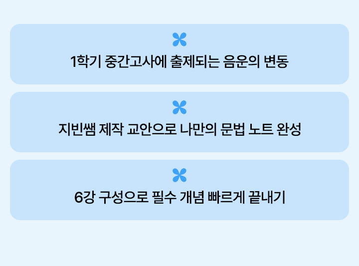 1학기 중간고사에 출제되는 음운의 변동 / 지빈쌤 제작 교안으로 나만의 문법 노트 완성 / 6강 구성으로 필수 개념 빠르게 끝내기