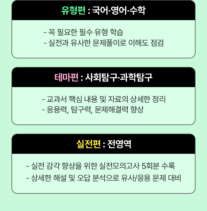 유형편 : 국어·영어·수학 / 테마편 : 사회탐구·과학탐구 / 실전편 : 전영역
