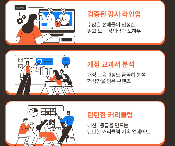 검증된 강사 라인업, 개정 교과서 분석, 탄탄한 커리큘럼