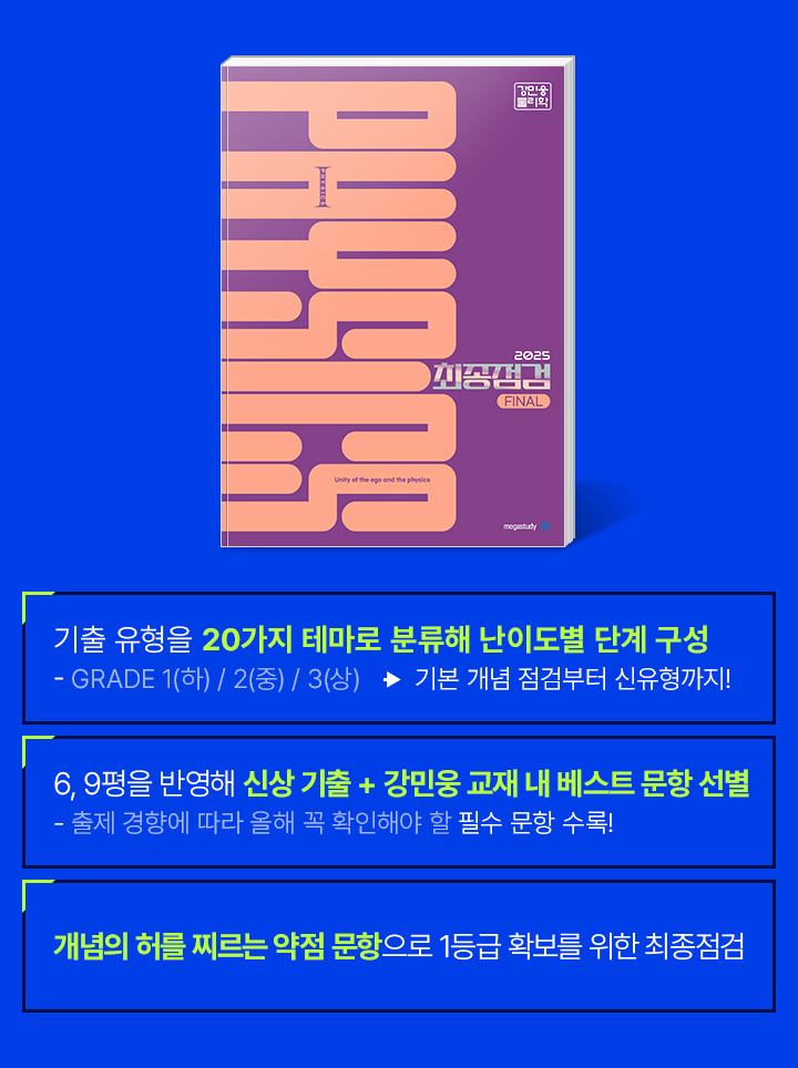 기출 유형을 20가지 테마로 분류해 난이도별 단계 구성 / 6, 9평을 반영해 신상 기출 + 강민웅 교재 내 베스트 문항 선별 / 개념의 허를 찌르는 약점 문항으로 1등급 확보를 위한 최종점검