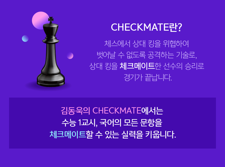 2025 김동욱의 CHECKMATE에서는 수능 1교시, 국어의 모든 문항을 체크메이트할 수 있는 실력을 키웁니다.
