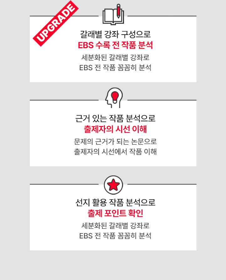 갈래별 강좌 구성으로 EBS 수록 전 작품 분석 / 근거 있는 작품 분석으로 출제자의 시선 이해 / 선지 활용 작품 분석으로 출제 포인트 확인