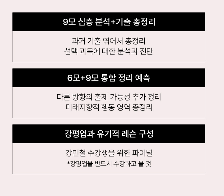 9모 심층 분석+기출 총정리 / 6모+9모 통합 정리 예측 / 강평업과 유기적 레슨 구성