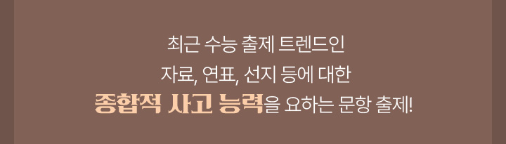최근 수능 출제 트렌드인 자료, 연표, 선지 등에 대한 종합적 사고 능력을 요하는 문항 출제!